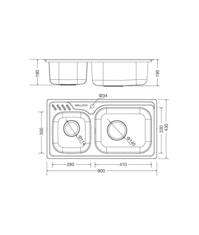 Chậu rửa bát inox 2 hố Malloca MS - 1003 NEW 3 Kích thước chậu rửa bát bán thủ công Malloca MS - 1003 NEW