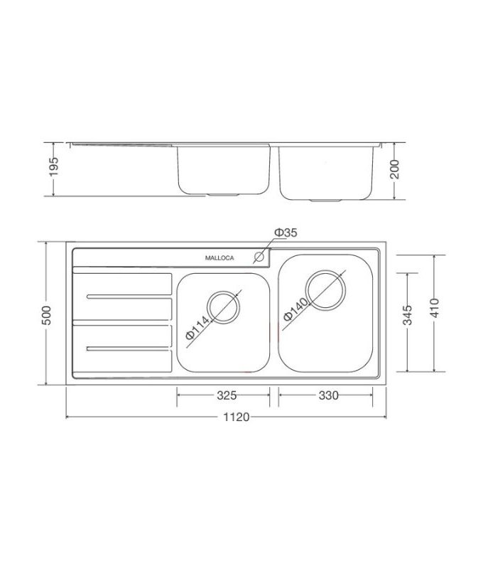 Kích thước chậu rửa bát bán thủ công Malloca MS 1027L NEW