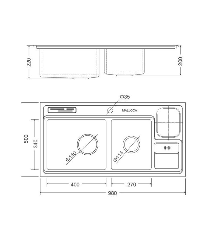 Kích thước Chậu rửa bát bán thủ công Malloca MS 8804