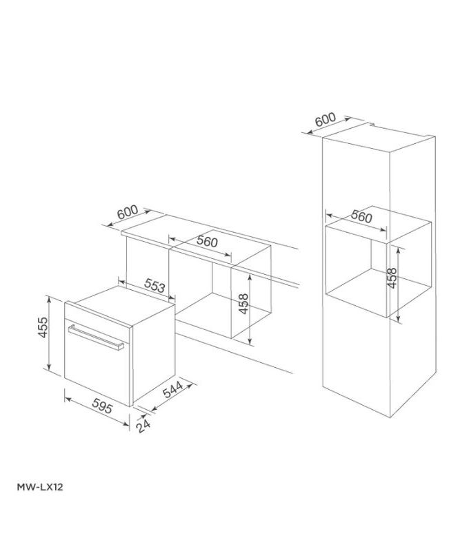 Lò vi sóng kết hợp nướng Malloca MW-LX12 3 kích thước của Lò vi sóng kết hợp nướng Malloca MW-LX12