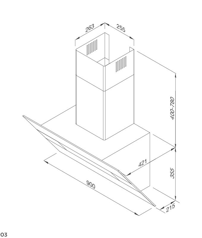 Kích thước máy hút mùi áp tường Malloca MC-9003