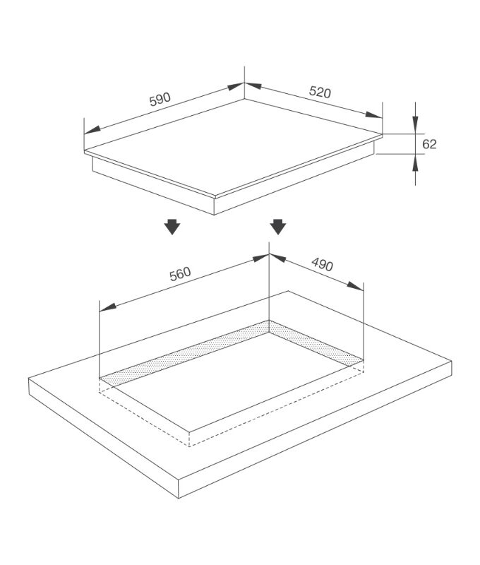 Kích thước Bếp kính âm 3 từ MI 593 FZ